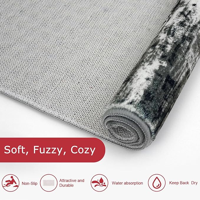KOZYFLY Modern Abstract Washable Rug Runner 2x7 Hallway Runner Rug Non-Slip Soft Kitchen Runner Rugs, Print Black Grey Striped Carpet Runner for Entryway Bathroom Laundry Room Foyer
