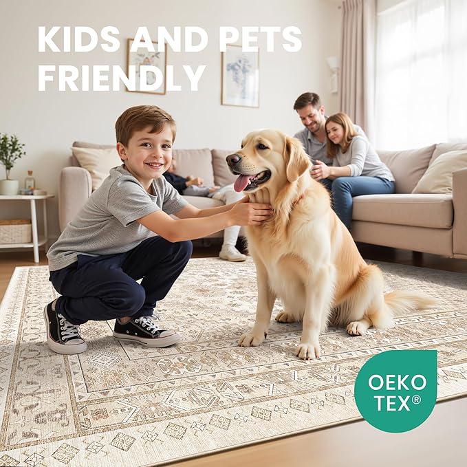 zesthome 12x15 Area Rugs, Large Washable Rug, Ultra-Thin Stain Resistant Rugs for Living Room, Bedroom, Non-Slip Backing Home Decor Area Rug (Cream/Beige,12'x15')