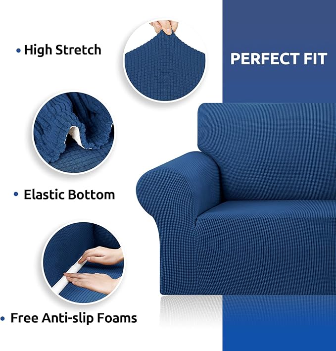 KEKUOU Stretch Oversized Sofa Slipcover 1 Piece Couch Sofa Cover (94"-110") Furniture Protector 4 Seater Sofa with Elastic Bottom for Kids,Pet.Jacquard Checked Pattern Fabric(X Large,Classic Blue)