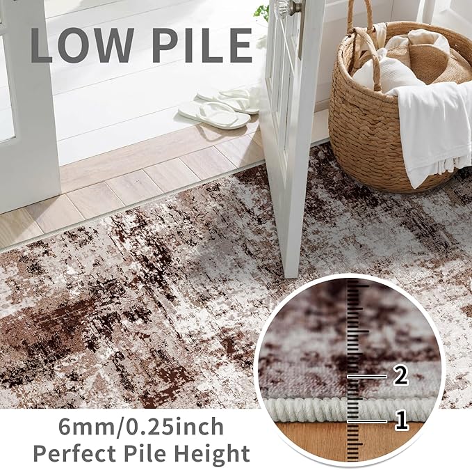 2x6 Washable Runner Rugs for Hallway: Easy-to-Clean Abstract Runners for Entryway Bedroom - Stain and Water Resistant Rugs with Non-Slip Backing - Soft Low-Pile Carpet Brown Khaki White