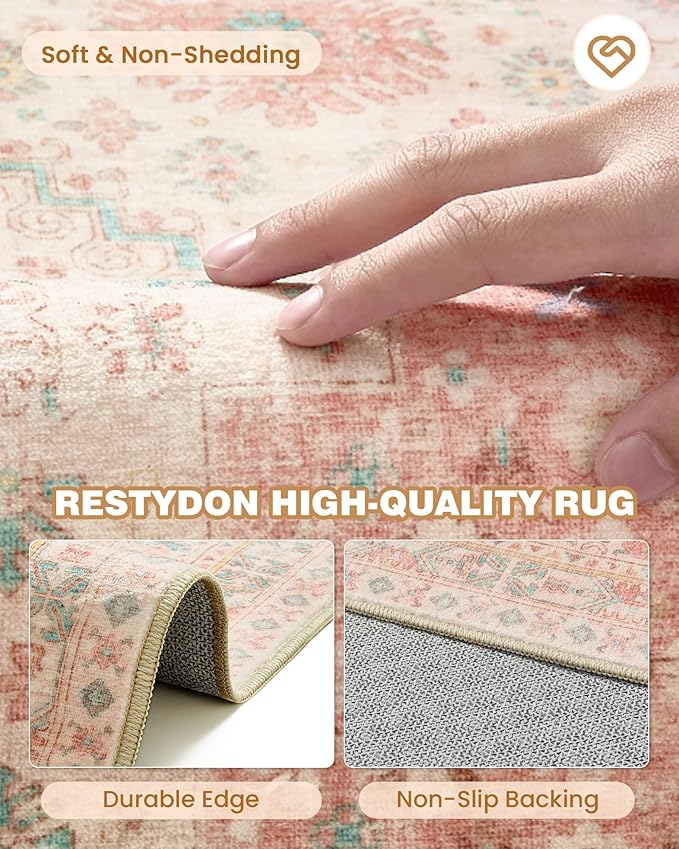 Runner Rug 2x10, Ultra-Thin Kitchen Rugs Non Slip Washable Rugs for Entryway Rug, Kitchen Runner Low Pile Vintage Soft Carpets for Living Room, Bathroom Bedroom (Pink,2'x10')