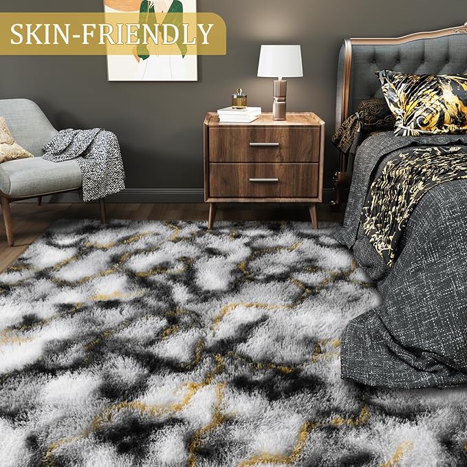 LOCHAS Ultra Soft Indoor Modern Area Rugs Fluffy Living Room Carpets for Children Bedroom Home Decor Nursery Rug 5x8 Feet, Grey-Gold