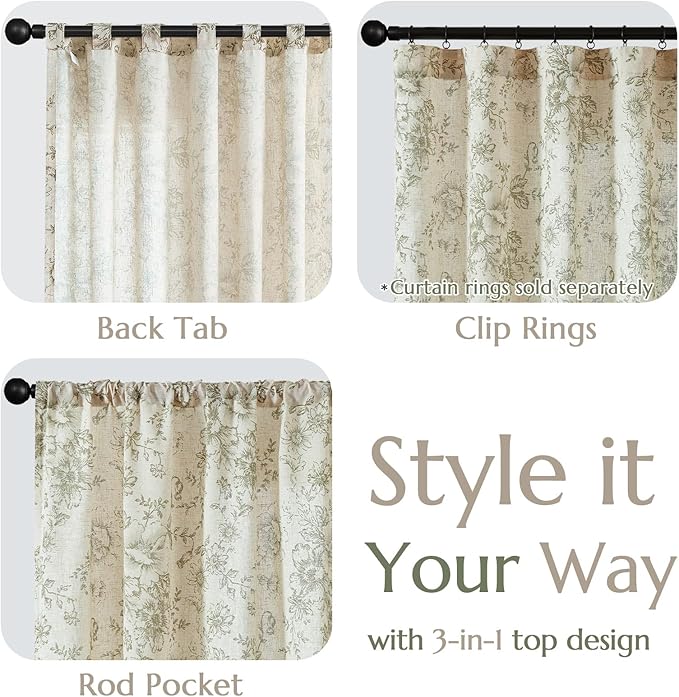 jinchan Linen Blend Floral Curtains for Living Room 45 Inch Length Farmhouse Printed Curtain Rod Pocket Back Tab Sage Green Peony Flower Patterned Drapes Bedroom Curtains Set 2 Panels