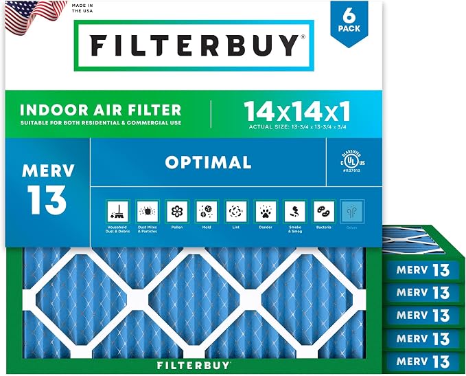 Filterbuy 14x14x1 Air Filter MERV 13 Optimal Smoke & Allergy Defense, by Filterbuy