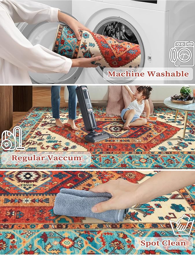 SERISSA Runner Rug for Hallways, 2'6"x12' Washable Non Slip Kitchen Runner Rug, Extra Long Boho Rug Ultra Soft Vintage Orange Print Floor Carpet for Bedroom Hallway Entryway Bathroom Laundry Room