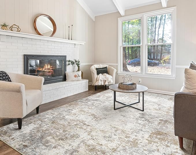 7x9 Area Rug Living Room Rugs - Washable Neutral Modern Abstract Soft Thin Large Rug Indoor Floor No Slip Rug Carpet for Bedroom Under Dining Table Home Office Decor - Brown Grey