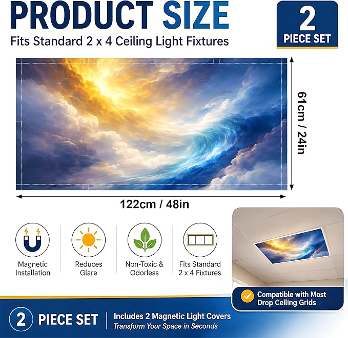2 Pack Golden Nebula Sky Decorative Ceiling Light Covers, Magnetic 4x2 Ft - Image 2