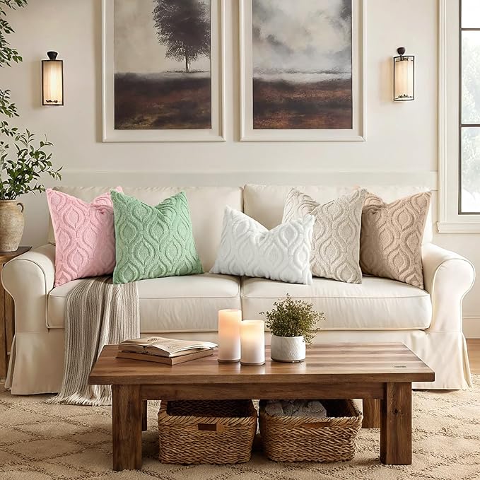 decorUhome Throw Pillow Covers 24x24 Inch Set of 2, Soft Plush Faux WoolSage Green Solid Couch Pillow Covers, Accent Euro Sham Farmhouse Neutral Square Pillow Cases for Sofa Bed Living Room
