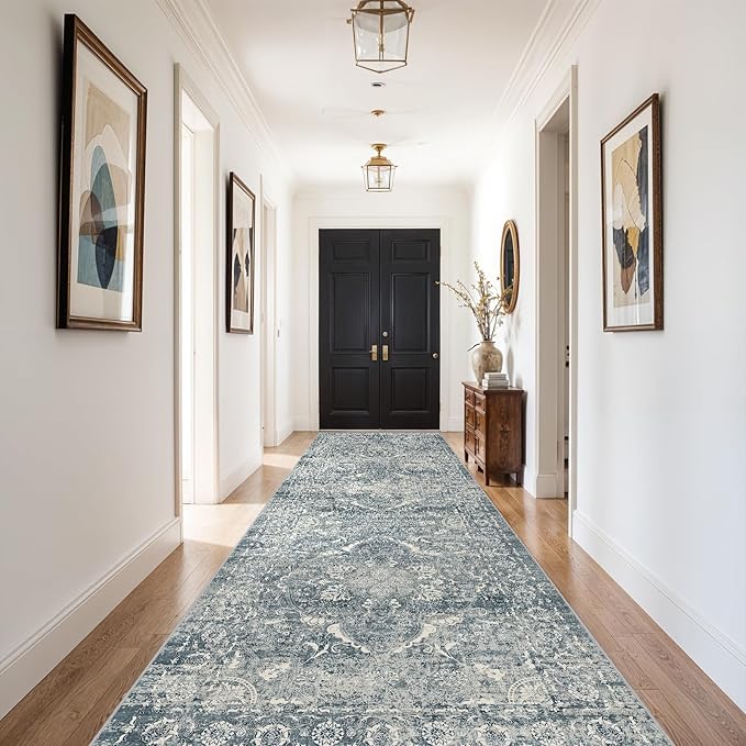 4x10 Washable Hallway Runner Rug - Wide Kitchen Runners Vintage Low Pile Carpet Soft Thin Floor Runner with Rubber Backing for Entryway Bedroom Living Room Home Decor (Blue)
