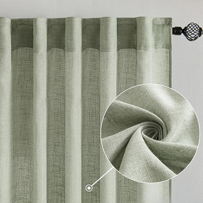 MIULEE Sage Linen Curtains 96 Inch Length 2 Panels for Bedroom Living Room,Green Soft Thick Linen Textured Window Drapes Semi Sheer Light Filtering Back Tab Rod Pocket Burlap Look Decor