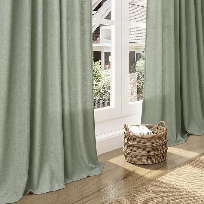 Nanspring Desert Sage Linen Curtains Semi Sheer 96 Inches Long 2 Panels Set for Living Room Back Tab Rod Pocket Light Filtering Drape for Bedroom Modern Farmhouse Coastal Decor Protect Privacy 52x96