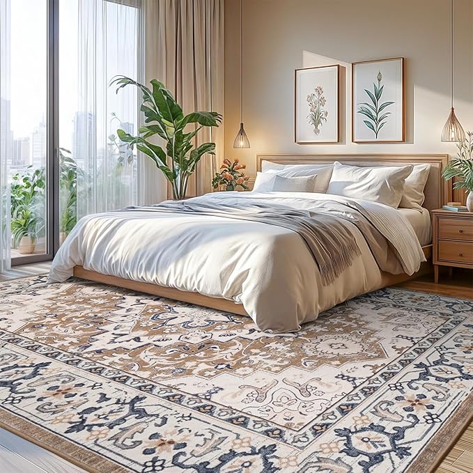 Lofus 6x9 Area Rugs for Living Room, Washable Area Rug, Rugs for Bedroom, Kitchen, Vintage Boho Carpet, Soft Non-Slip, Low Pile Large Area Rug for Office Dining Room, Floral Brown