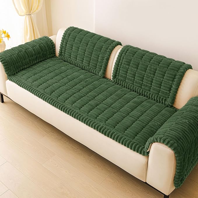 hyha Couch Covers for Dogs Washable, Non Slip Plush Dog Sofa Protectors, Fuzzy Pet Couch Covers for 3 Cushion Sofa Pet Friendly (Dark Green, 27.6" x 70.9")