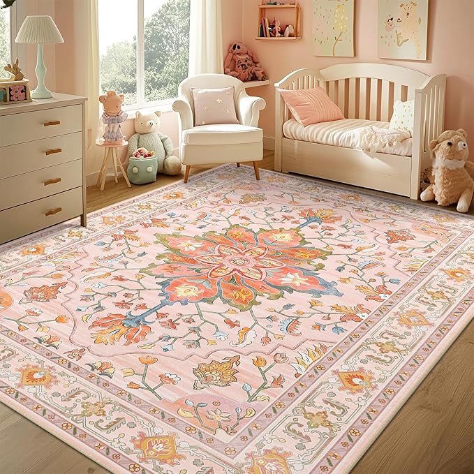 RELEANY Area Rugs 6'x9' Washable Non-Slip, Floral Vintage Distress Print Pattern Medallion Carpet for Living Room Bedroom Dining Room, Light Pink Colorful