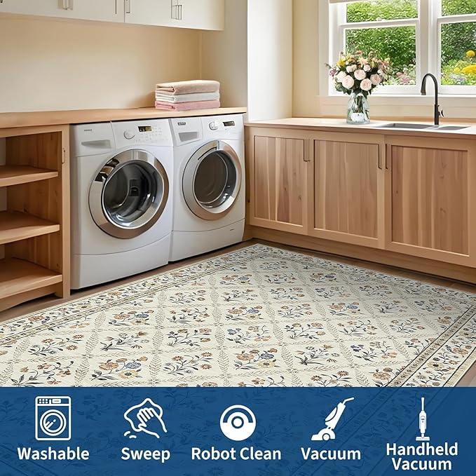 Floral Washable Entryway Rug Non-Slip 2x3 Front Door Mat Vintage Low-Pile Small Area Rugs Soft Non-Slip Indoor Stain Resistant Entry Mat for Entrance Bedroom Bathroom Beige