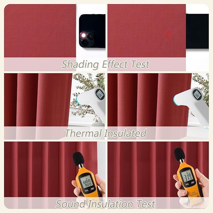 Guken Red 100% Blackout Linen Curtains 108 Inch Length 2 Panels Set for Living Room Bedroom Back Tab Thermal Insulated Black Out Drapes Room Darkening Farmhouse Window Curtains,52x108