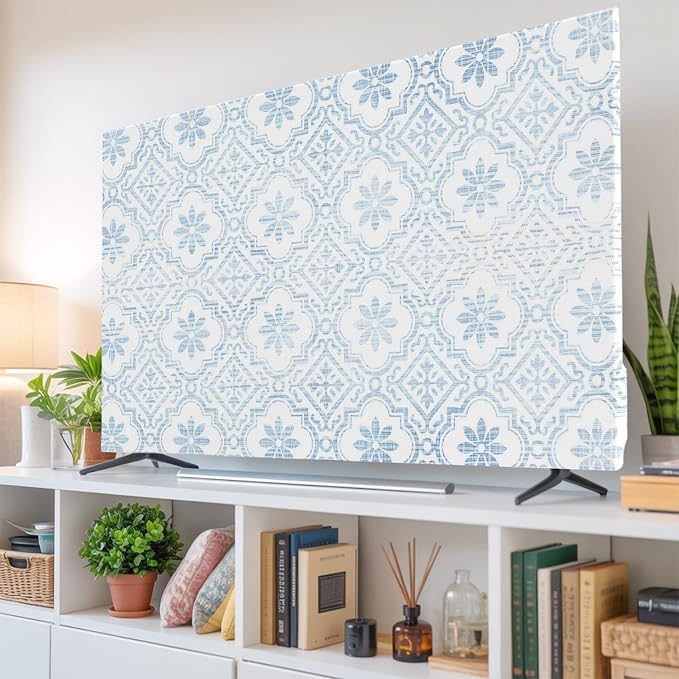 Vintage Damask Blue Floral Indoor TV Cover, Elastic TV Screen Protector Middle by Unknown