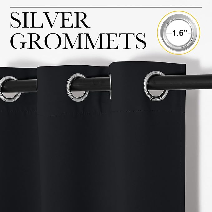 NICETOWN Living Room Blackout Curtains and Drapes, Black Solid Thermal Insulated Grommet Blackout Drapery Panels for Window (2 Panels, 34 inches Wide by 63 inches Long, Black)