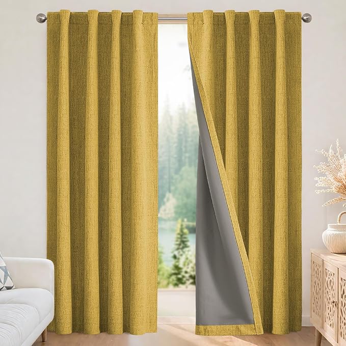 Joydeco Linen Blackout Curtains for Bedroom - 100% Light Blocking 1 Panels, Yellow Drapes 70" W x 108" L, Thermal Insulated Room Darkening Curtains for Living Room, Rod Pocket & Back Tabs