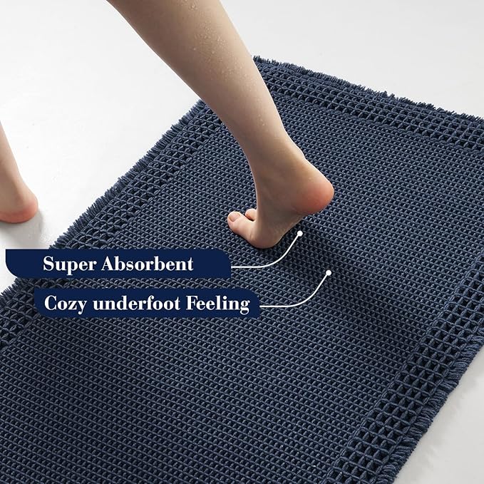 RESARE Waffle Bathroom Runner Rugs, Super Absorbent Bath Mat Non Slip Washable Quick Dry, Upgraded Ultra Soft Boho Bath Rugs with Tassels for Hallway Bedroom Laundry Room, 2'x6'(24"x72"), Navy