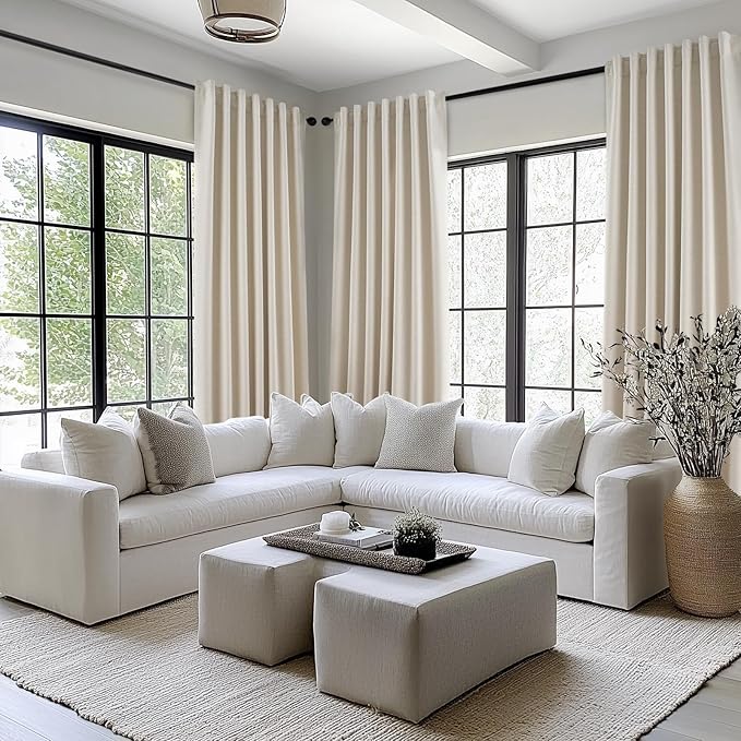 Topfinel Extra Long 132 Inch 100% Blackout Curtains for Livingroom Neutral Boho Linen Blend Farmhouse Curtain Drapes Sound Proof Drapes Privacy Ceiling Track Villa Bedroom 11Ft(W52 xL132 2 Panels)