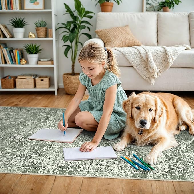 2'6"x12' Washable Hallway Runner Rug - Non Slip Kitchen Runner Rugs with Rubber Backing Vintage Low-Pile Carpet Runners for Entryway Dining Room Laundry Room Home Decor (Muted Sage Green)