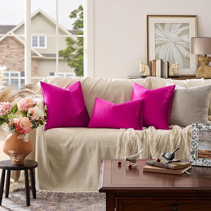 GIGIZAZA Hot Pink Pillow Covers 16x16 Throw Pillows Velvet Decorative Sofa Couch Pillow Covers Bedroom Cushion Pillowcase