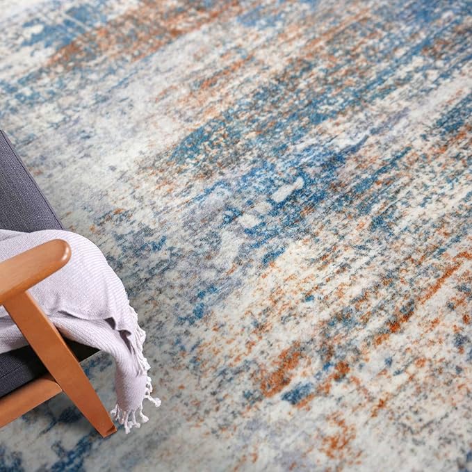 IOHOUZE Abstract Round Area Rug 6 Ft Washable Circle Rugs Large Round Rug Non Slip Thin Soft Circle Rugs, Printed Faux Wool Floor Carpet for Bedroom Living Room Dining Room Nursery, Blue Rust