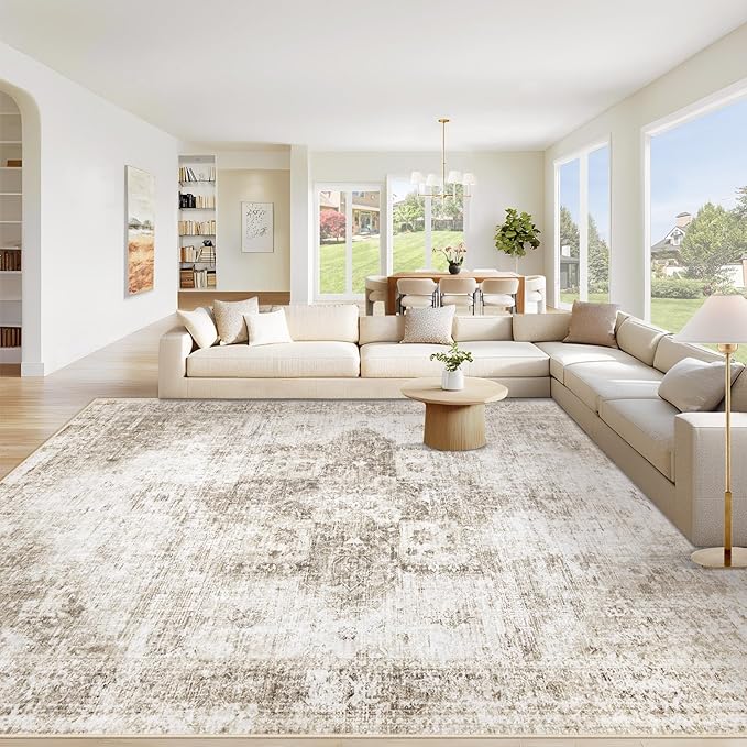 Area Rug 9x12 Washable Rug, Vintage Boho Medallion Rugs Non-Slip Soft Low Pile Large Distressed Rug Indoor Retro Carpet for Living Room Bedroom Dining Room Home Office (Taupe, 9'x12')