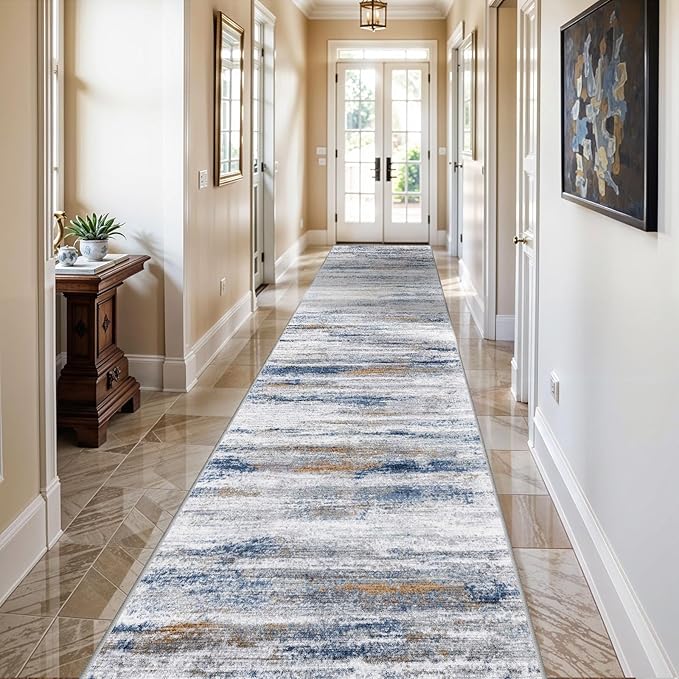2x12 Washable Runner Rugs for Hallway: Long Abstract Runners for Entryway Dining Room Office - Stain and Water Resistant Rugs with Non-Slip Backing - Soft Low-Pile Carpet Navy Grey