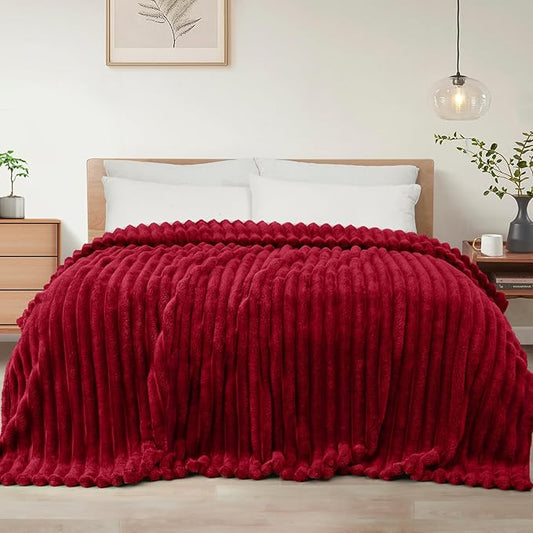 Exclusivo Mezcla Twin Size Flannel Fleece Blanket, Super Soft Striped Jacquard Bed Blanket, Lightweight Fuzzy Cozy for All Seasons, 60x80 Inches, Deep Red