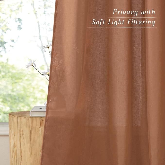 NICETOWN Caramel Linen Curtains for Kitchen, Thick Flax Small Window Treatments Semi Sheer Privacy Assured with Light Through for Cafe/Bathroom, W55 x L36, 2 Panels