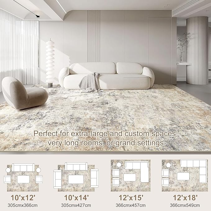 UERMEI 12x15 Area Rug Living Room Rugs - Washable Neutral Modern Abstract Soft Thin Large Rug Indoor Floor No Slip Rug Carpet for Bedroom Under Dining Table Home Office Decor - Golden Grey