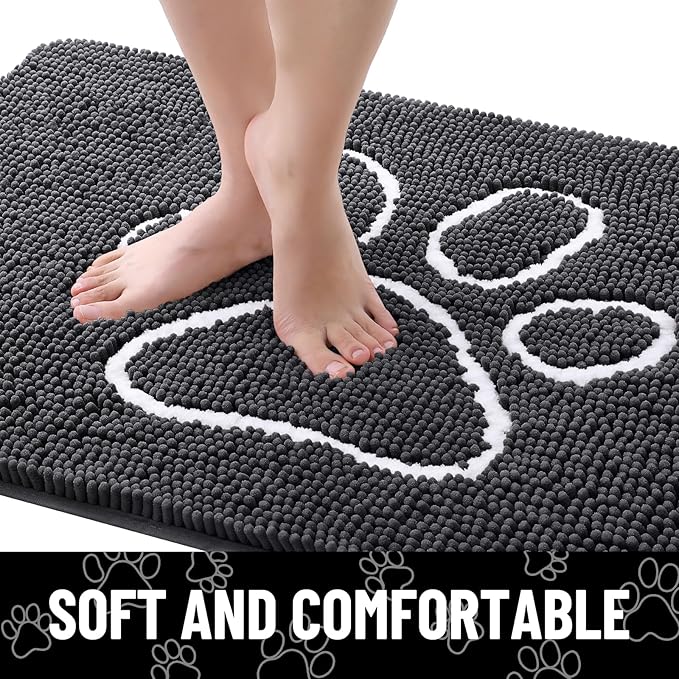 Smiry Dog Door Mat for Muddy Paws, Absorbent Dirt Trapper Non Slip Quick Dry Washable Chenille Mat for Mud Dogs, Entry Rug for Indoor and Outdoor (70x32 Inches, Dark Grey and White)