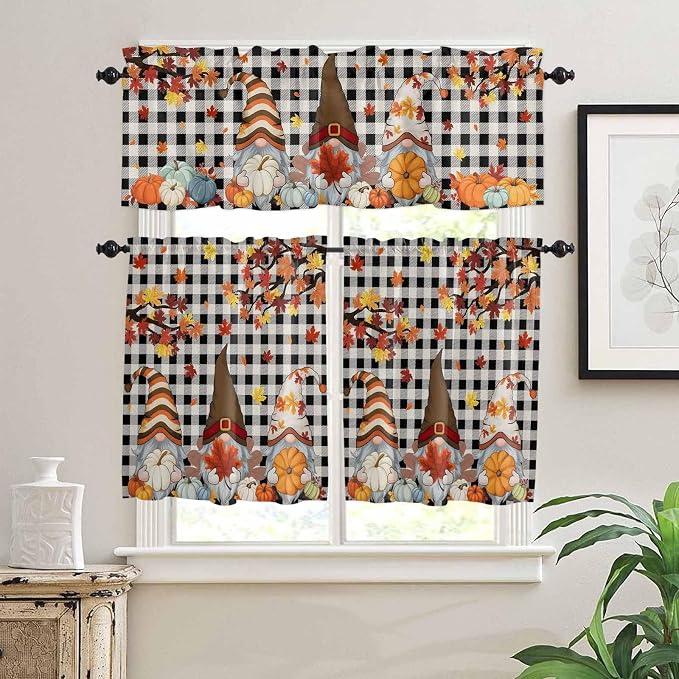 Thanksgiving Gnomes Kitchen Curtain Set, Fallen Maple Leaf Pumpkin Black Plaid - Image 2