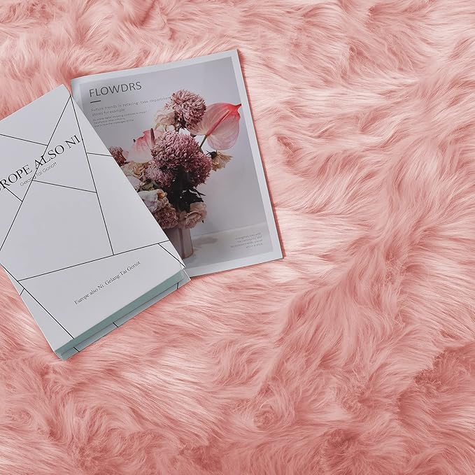 Goolela Pink Fluffy Fuzzy Rug for Girls Bedroom 3x5 Faux Fur Rug Furry Shag Bedside Carpet for Play Room Dorm Soft Plush Rectangle