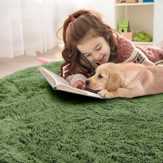 OLANLY Green Round Rugs for Bedroom - Machine Washable, 6 ft Circle Area Rugs for Living Room, Soft and Fluffy Shaggy Carpet for Teen Girl and Boys, Nursery Rooms, Dorms, Home Decor Aesthetic