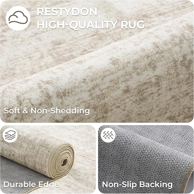 8x10 Area Rugs for Living Room, Non-Slip Backing Large Washable Rug for Nursery Room, Vintage Abstract Bedroom Rugs, Thin Indoor Home Decor Soft Farmhouse Rug (8'x10', Beige/Ivory)