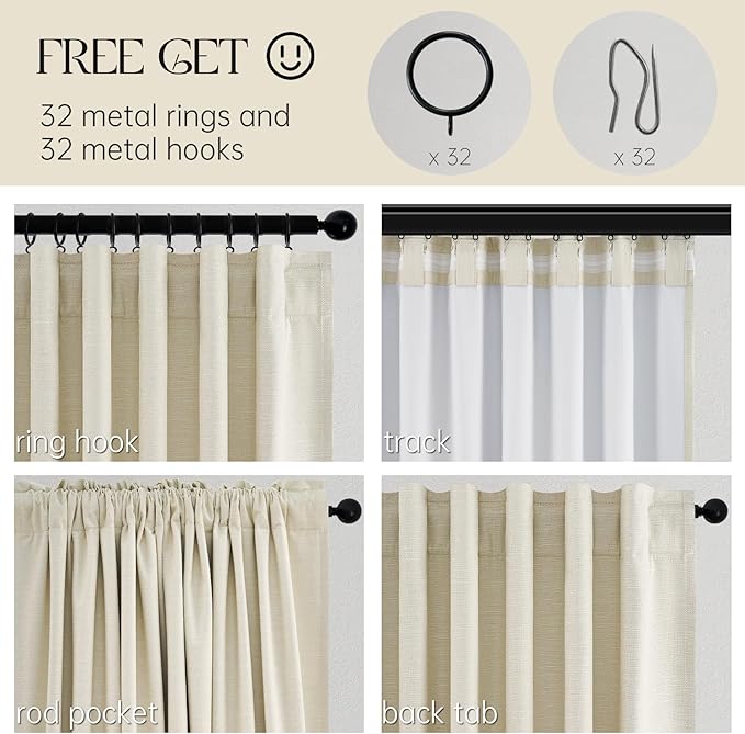 Topfinel Extra Long Total Blackout Linen Ceiling Curtains 108 Inches Long for Large Window Track System, Cream Pleated Cold Blocking Acoustic Heavy Ivory Track Tall Curtains 2 Panels 9 FT Beige