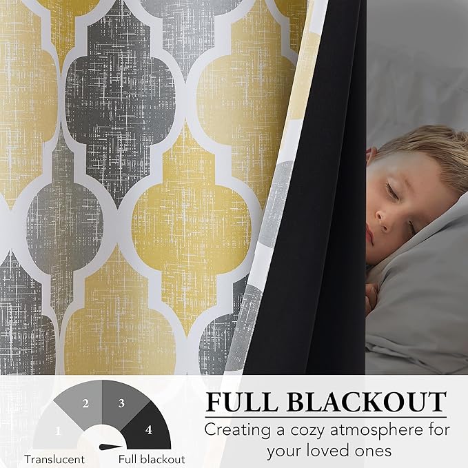 Beauoop 100% Blackout Curtains 84 Inches Long 2 Panels for Bedroom Living Room Yellow Grey Moroccan Geo Room Darkening Thermal Insulated Soundproof Rod Pocket Back Tab Window Treatments Drapes, 50x84