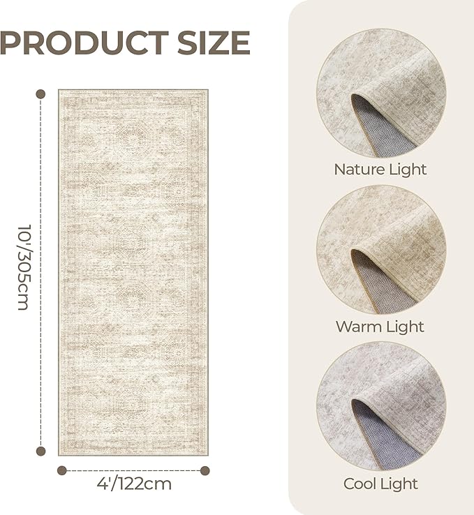 4x10 Runner Rug, Washable Hallway Runner Rug with Non-Slip Backing, Low Pile Wide Runner for Living Room, Entryway, Kitchen, Soft Modern Home Decor Mat for Dining Room(4'x10', Beige/Ivory)