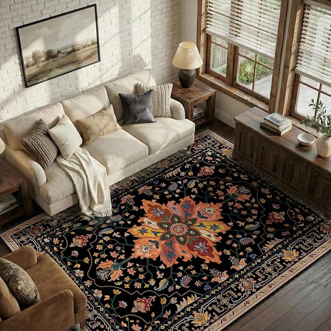 RELEANY Area Rugs 6'x9' Washable Non-Slip, Floral Vintage Distress Print Pattern Medallion Carpet for Living Room Bedroom Dining Room, Black Colorful Floral Dark Tan
