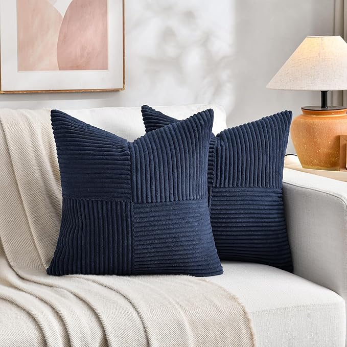 Fancy Homi 2 Packs Navy Blue Samll Decorative Throw Pillow Covers 12x12 Inch with for Couch Bed Sofa, Rustic Farmhouse Boho Home Decor, Soft Corss Patchwork Corduroy Square Cushion Case 30x30 cm