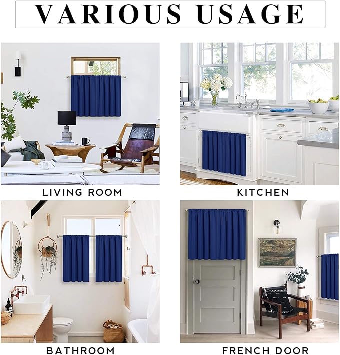 RYB HOME Cafe Blackout Curtains 24 inch Length, RV Curtains for Camper Windows, Mini Short Small Insulating Light UV Blocking Privacy Half Window Tiers, Width 29 by Length 24, Marine Blue, 2 Panels