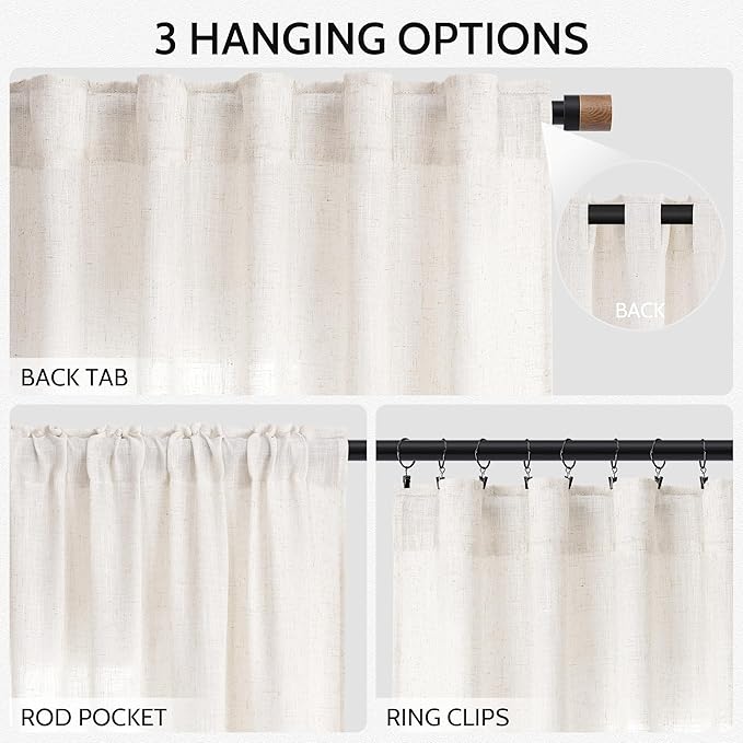 Ivory White Linen Curtains 102 Inches Long for Living Room 2 Panels Back Tab Pocket Natural Semi Sheer Extra Long Drapes Linen Soft Material Light Filtering Window Panel for Bedroom Curtain 52X102