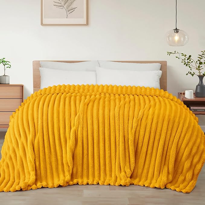 Exclusivo Mezcla King Size Flannel Fleece Blanket, Super Soft Striped Jacquard Bed Blanket, Lightweight Fuzzy Cozy for All Seasons, 90x104 Inches, Mustard Yellow
