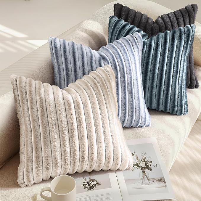 decorUhome Cozy Faux Fur Throw Pillow Covers 18x18 Set of 2 Decorative Soft Plush Striped Modern Farmhouse Boho Couch Pillow Cases with Velvet Back for Sofa Bed Living Room, Blue Grey