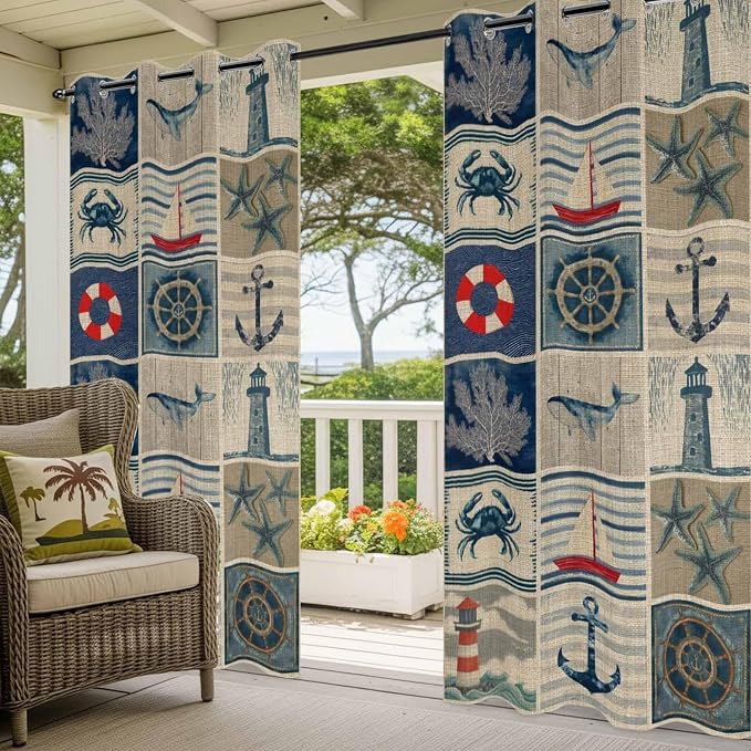 Oceans Outdoor Curtains for Patio Shell Starfish Whales Summer Vintage - Image 5