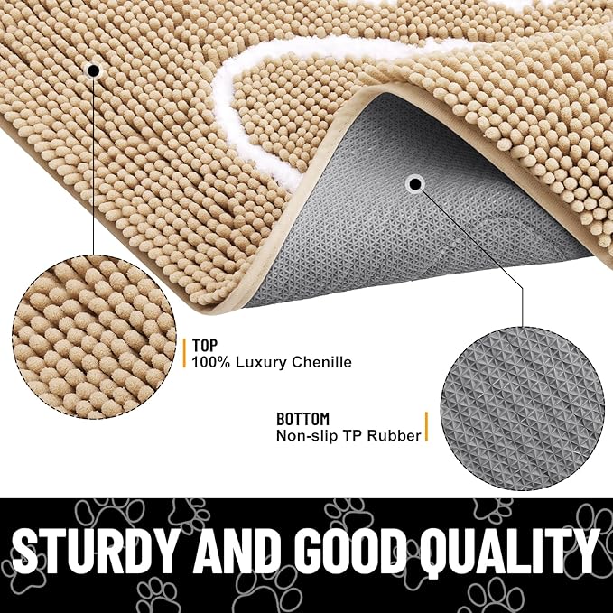 Smiry Dog Door Mat for Muddy Paws, Absorbent Dirt Trapper Non Slip Quick Dry Washable Chenille Mat for Mud Dogs, Entry Rug for Indoor and Outdoor (45x27 Inches, Beige and White)