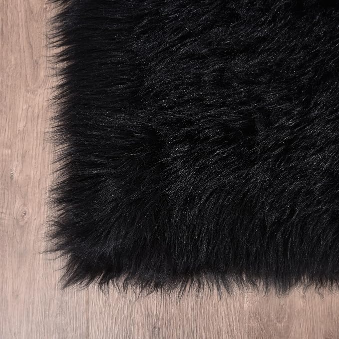 Goolela Black Fluffy Faux Fur Rug 2x3 Black Fuzzy Furry Sheepskin Rug Small Carpet for Bedroom Dorm Bathroom Washable Rectangle